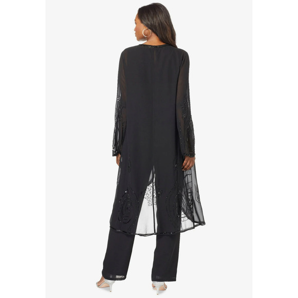 $229 Roaman's Black Beaded Chiffon 3 Piece Jacket Tank Pant Set 34W NEW - Picture 2 of 16